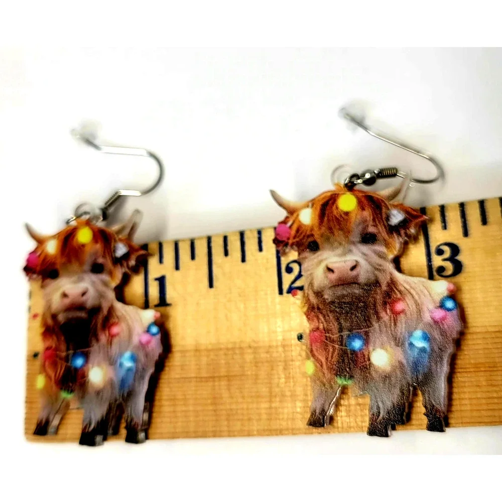 Highland Cow Christmas‎ Lights Dangle Earrings Women Holiday Acrylic Jewelry